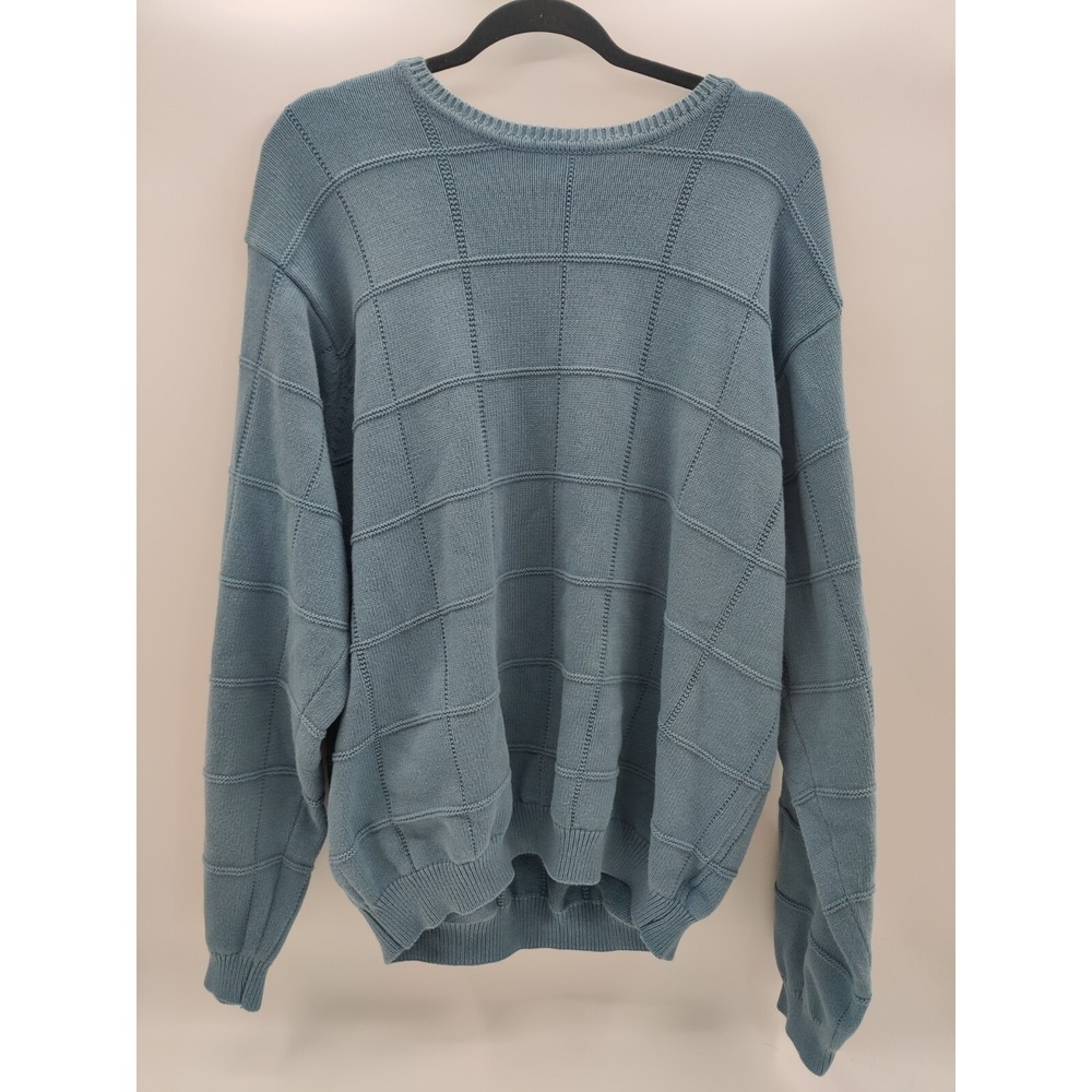 Izod Mens XXL Blue Windowpane Textured Cotton Knit‎ Crewneck Pullover Sweater